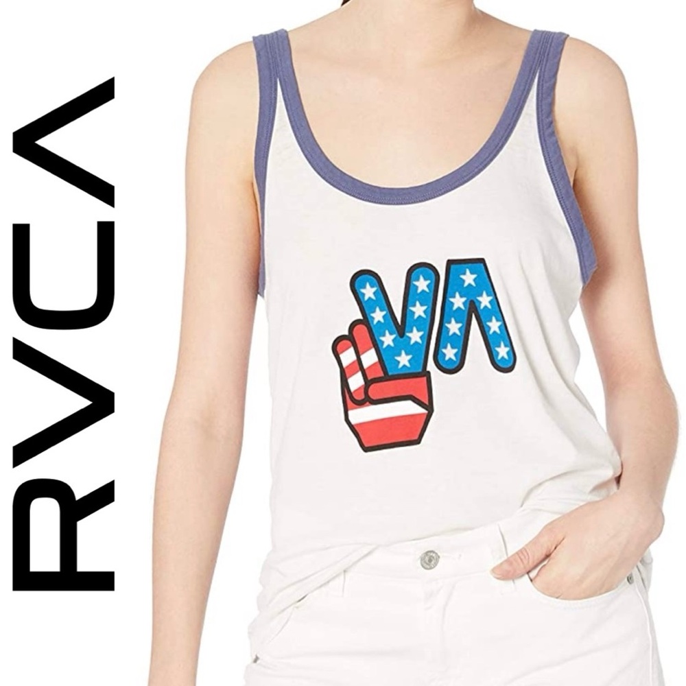 NWT RVCA Women's Peace Off Tank Top Size L MSRP $29 Logo USA White‎ Blue Red